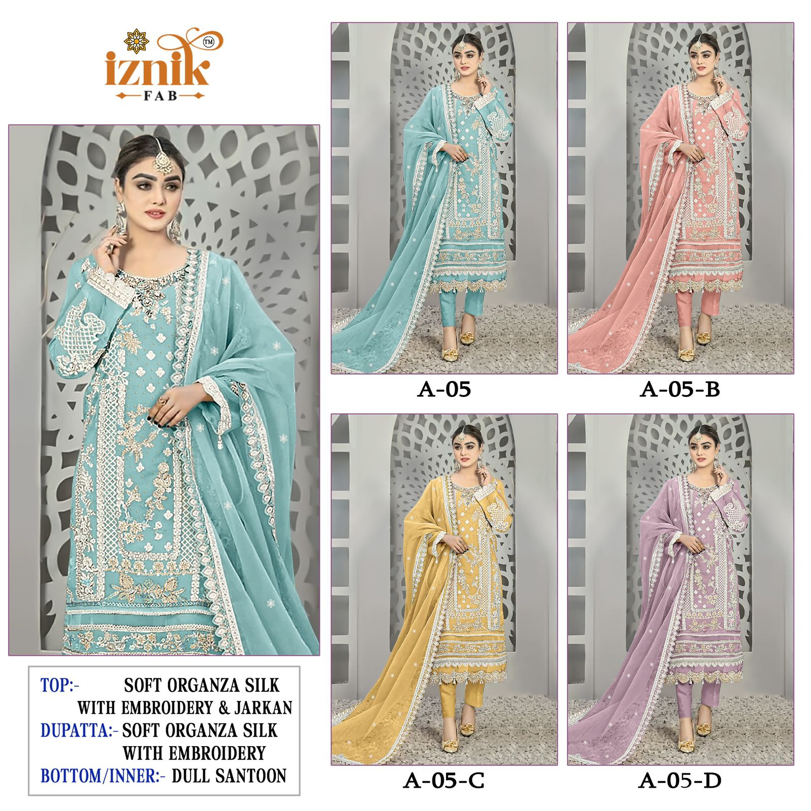 A 5 Iznik Organza Pakistani Salwar Suits Wholesale Price