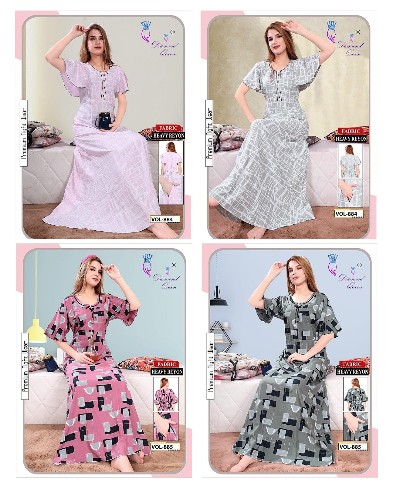 885-884 Diamond Queen Rayon Night Gowns Wholesale Price