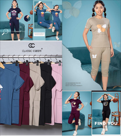 A791 Classic Candy Tencil Lycra Girls Capri Night Suits Manufacturer Gujarat