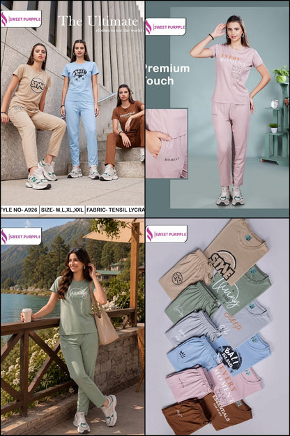 A926 Plain Sweet Purple Tencil Lycra Pyjama Night Suits Wholesale Price