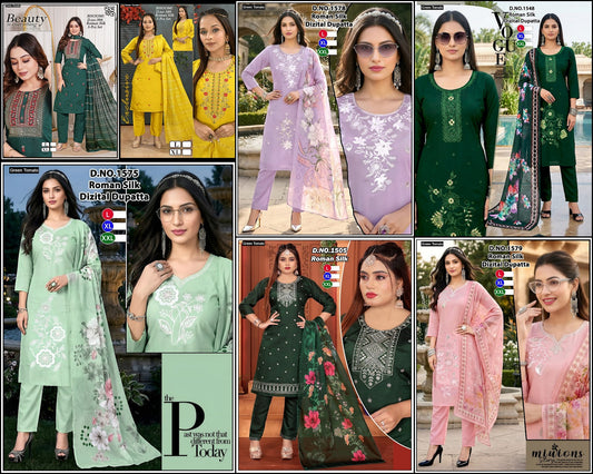 Bhoomi Green Tomato Roman Silk Readymade Pant Style Suits Supplier India