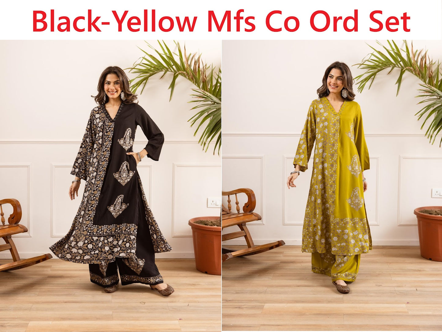 Black-Yellow Mfs Rayon Co Ord Set Wholesale Rate