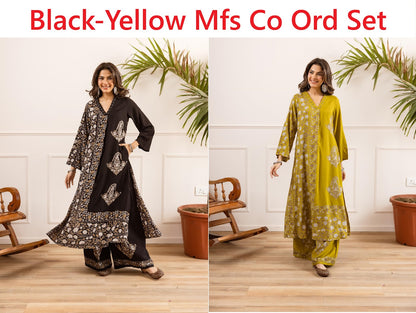 Black-Yellow Mfs Rayon Co Ord Set Wholesale Rate
