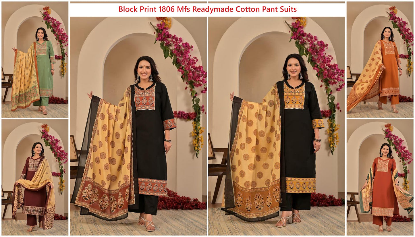 Block Print 1806 Mfs Readymade Cotton Pant Suits Wholesale Rate