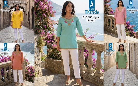 C 6456 Light Kaya Trends Rayon Short Kurtis Manufacturer Gujarat