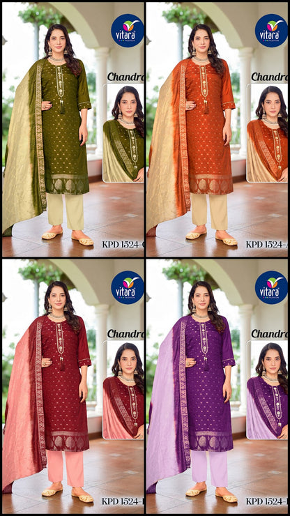 Chandra Vitara Muslin Jacquard Readymade Pant Style Suits Wholesaler