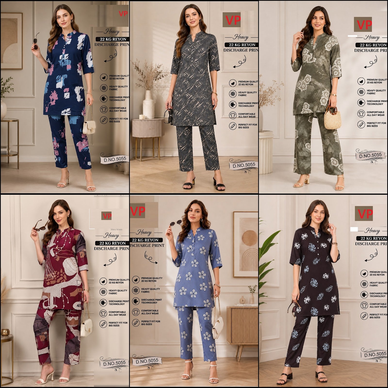 Chart 2 Dno 5055 Kurta Style Vp Rayon 22Kg Co Ord Set Wholesale Rate