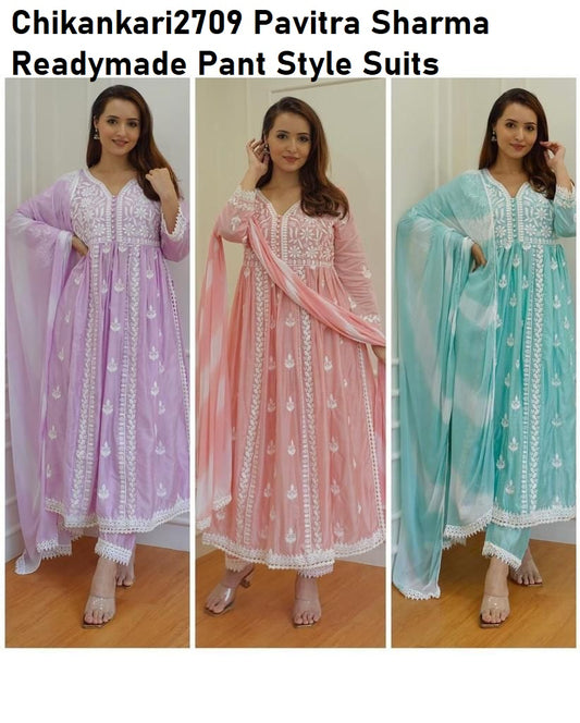 Chikankari2709 Pavitra Sharma Rayon Cotton Readymade Pant Style Suits Supplier Ahmedabad