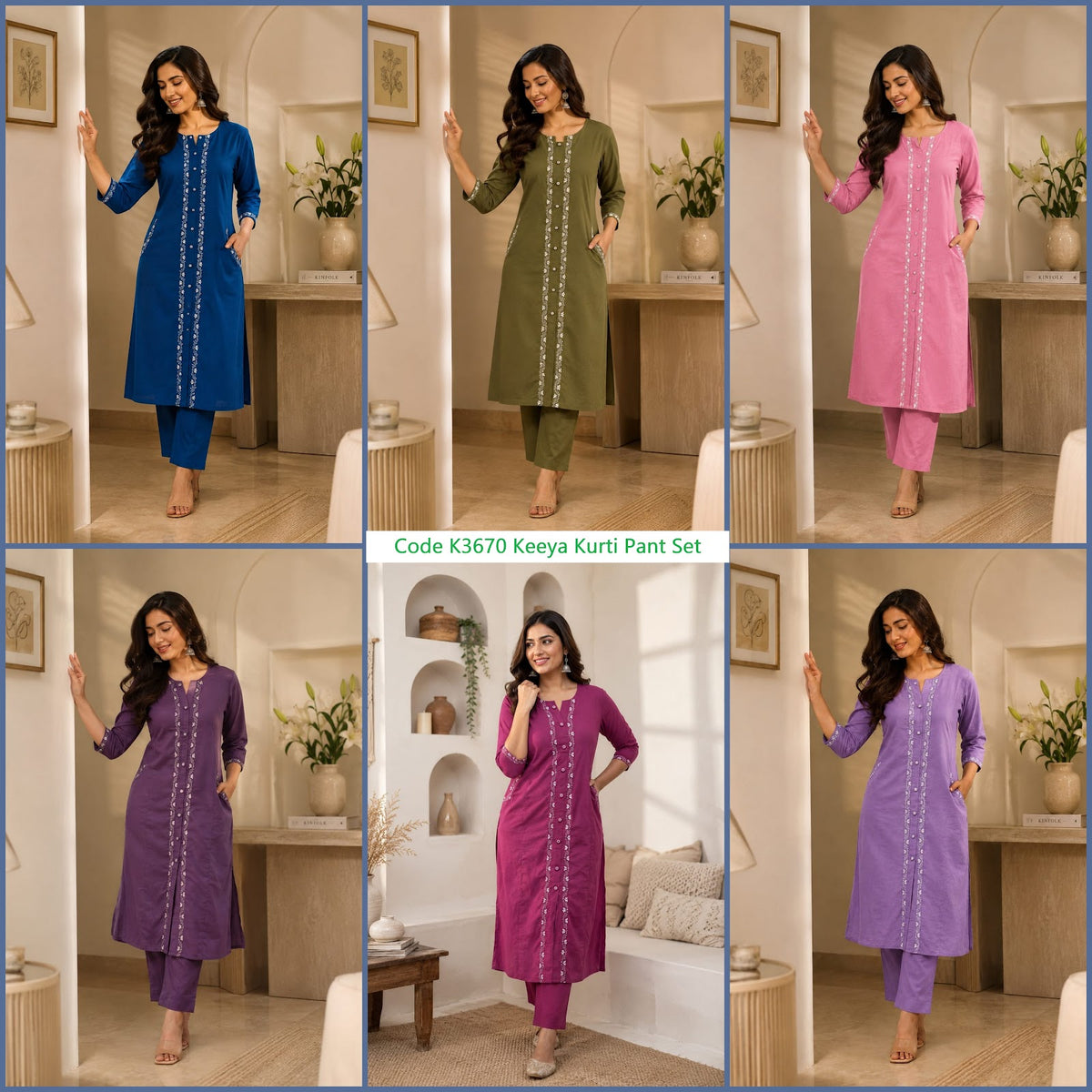 Code K3670 Keeya Cotton Kurti Pant Set Exporter Ahmedabad