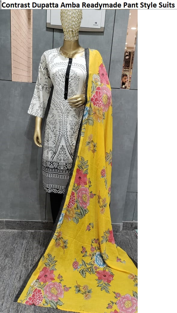 Contrast Dupatta Amba Pure Cotton Readymade Pant Style Suits Manufacturer India
