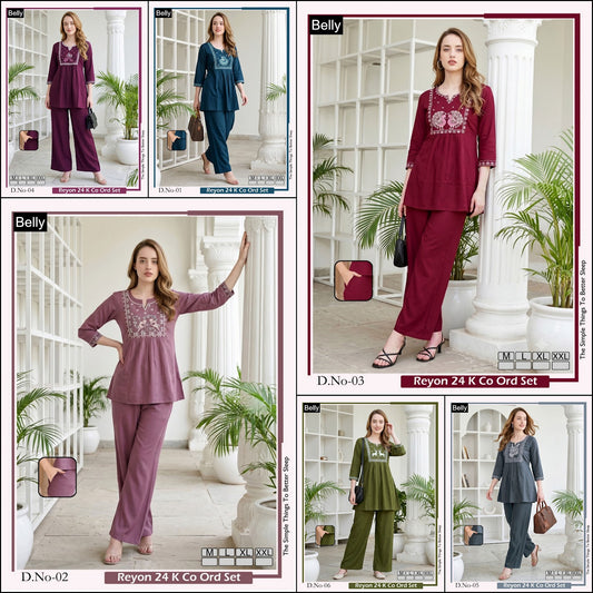 Design 01-06 Belly Rayon 24Kg Co Ord Set Wholesale Price