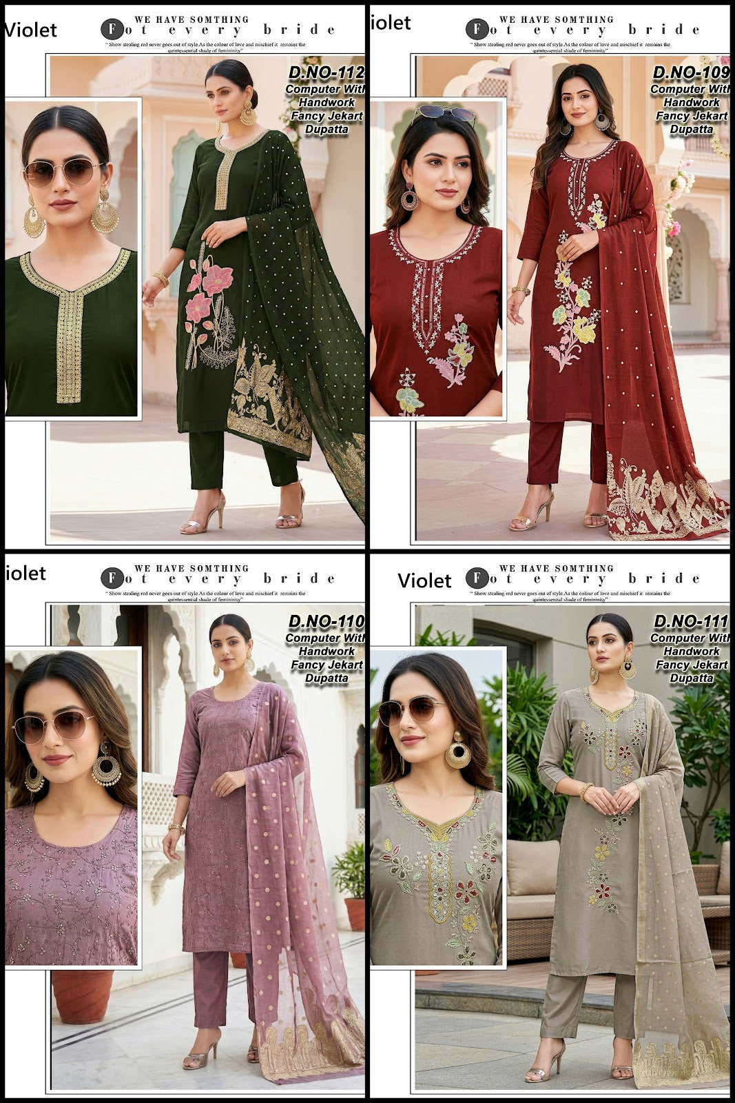 Design 109-112 Violet Roman Silk Readymade Pant Style Suits Wholesale