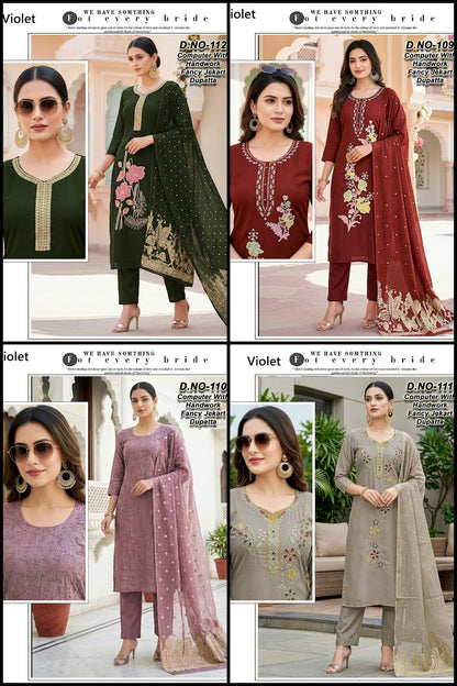 Design 109-112 Violet Roman Silk Readymade Pant Style Suits Wholesale