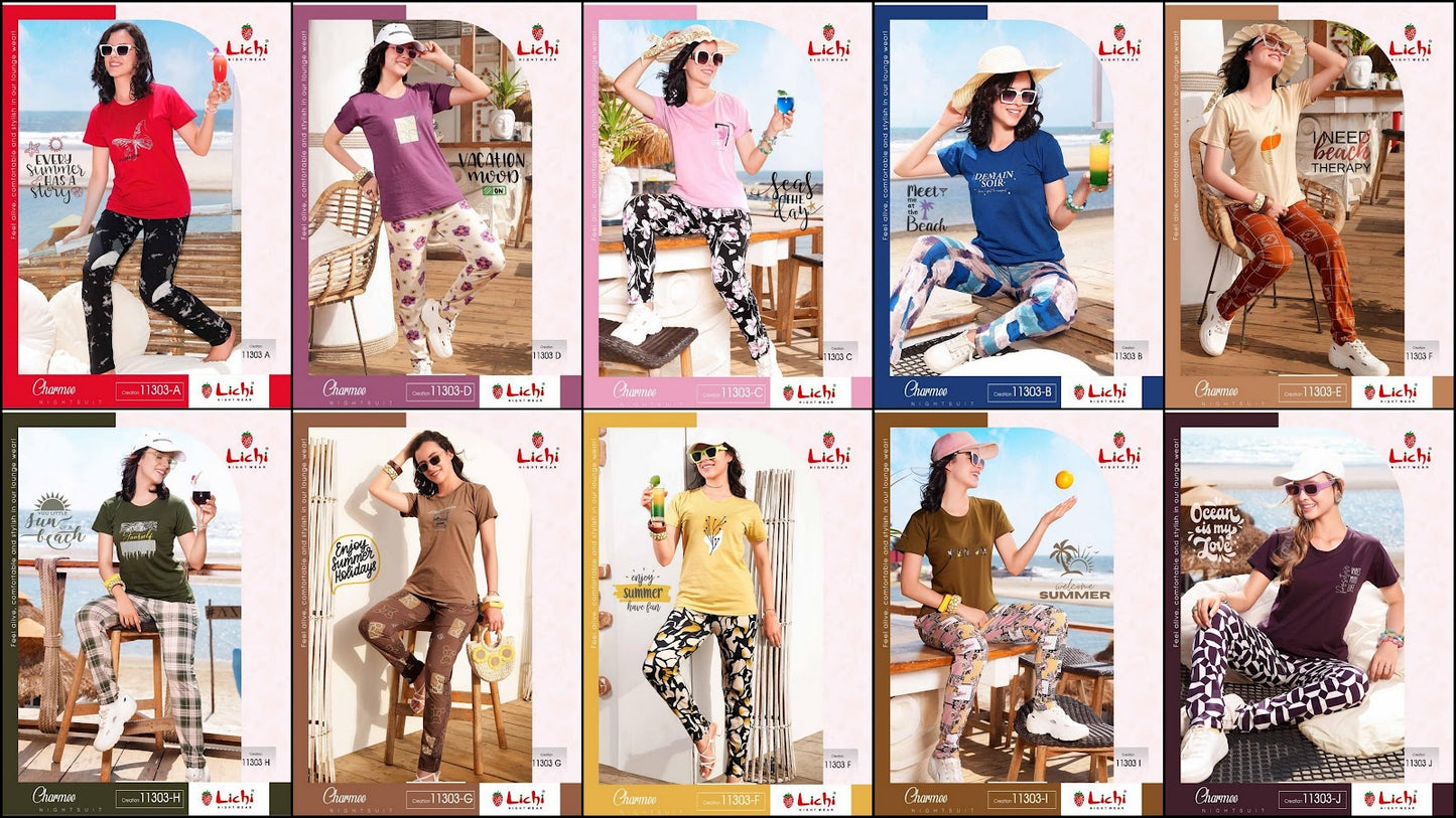 Design 11303 Charmee Lichi Cotton Pyjama Night Suits Wholesale Price
