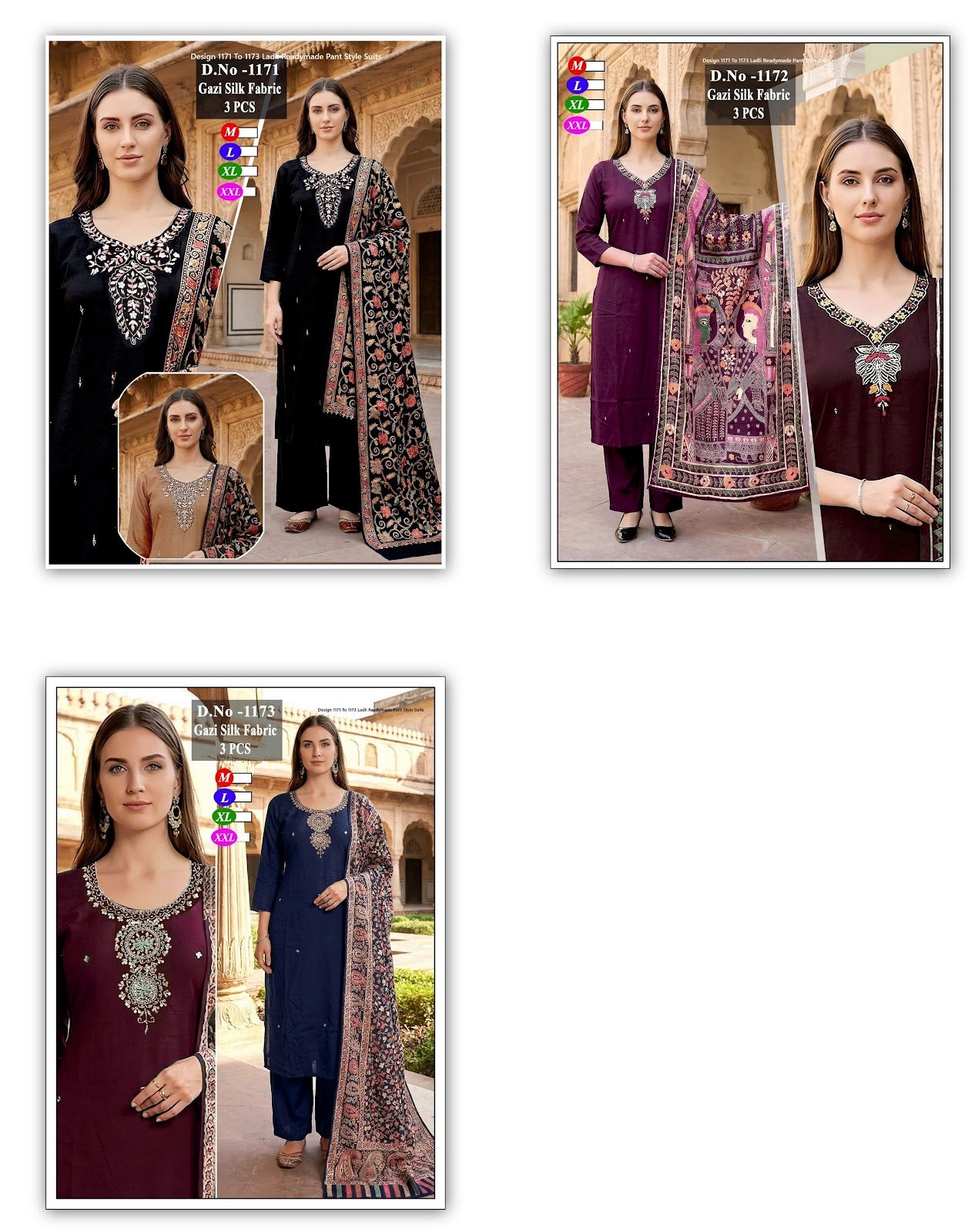Design 1171 To 1173 Ladli Gaji Silk Readymade Pant Style Suits Manufacturer India