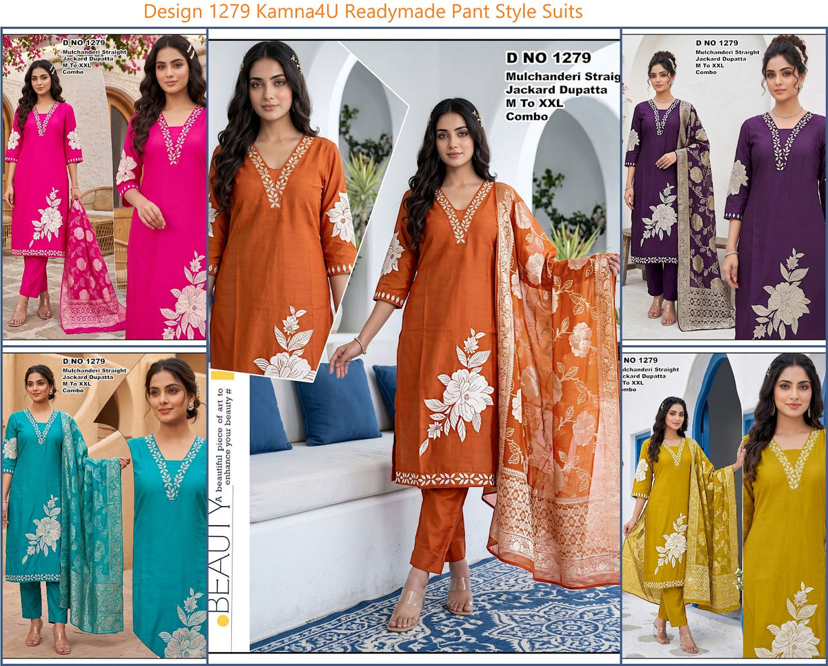 Design 1279 Kamna4U Chanderi Readymade Pant Style Suits Manufacturer Ahmedabad