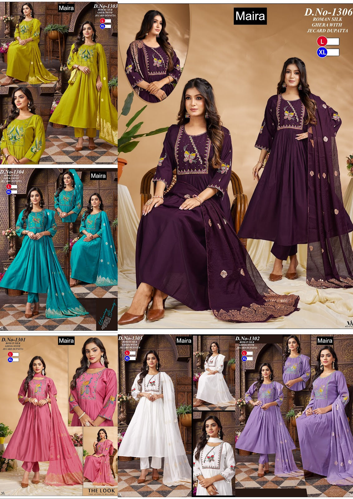 Design 1301-1306 Maira Roman Silk Readymade Anarkali Suits Exporter Ahmedabad