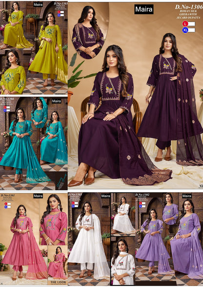 Design 1301-1306 Maira Roman Silk Readymade Anarkali Suits Exporter Ahmedabad