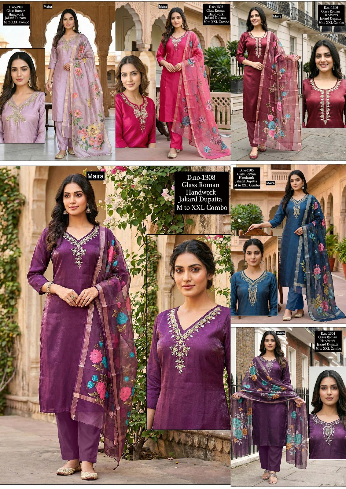 Design 1303 To 1308 Maira Roman Readymade Pant Style Suits Wholesale Price