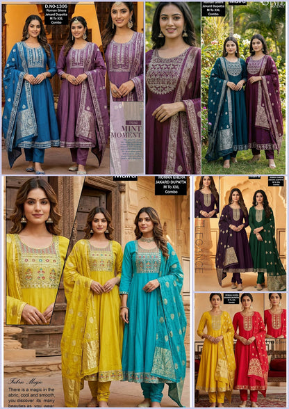 Design 1304-1307 Maira Roman Silk Readymade Anarkali Suits Wholesaler Gujarat