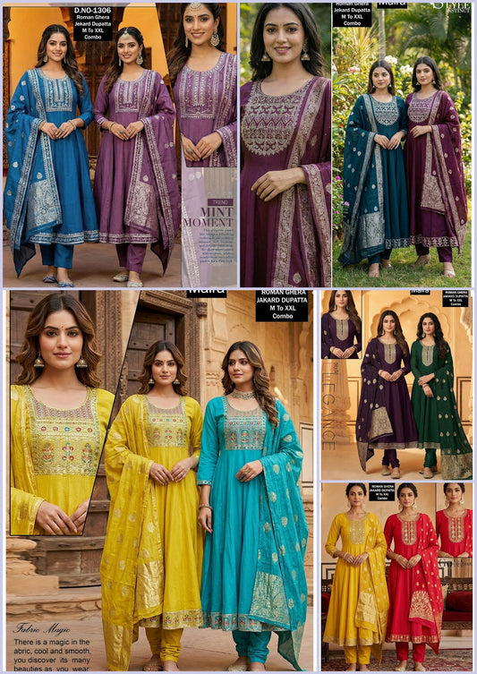 Design 1304-1307 Maira Roman Silk Readymade Anarkali Suits Wholesaler Gujarat