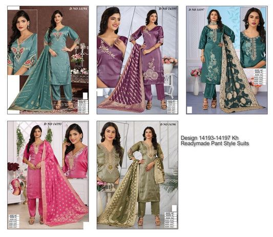 Design 14193-14197 Kh Roman Readymade Pant Style Suits Manufacturer India
