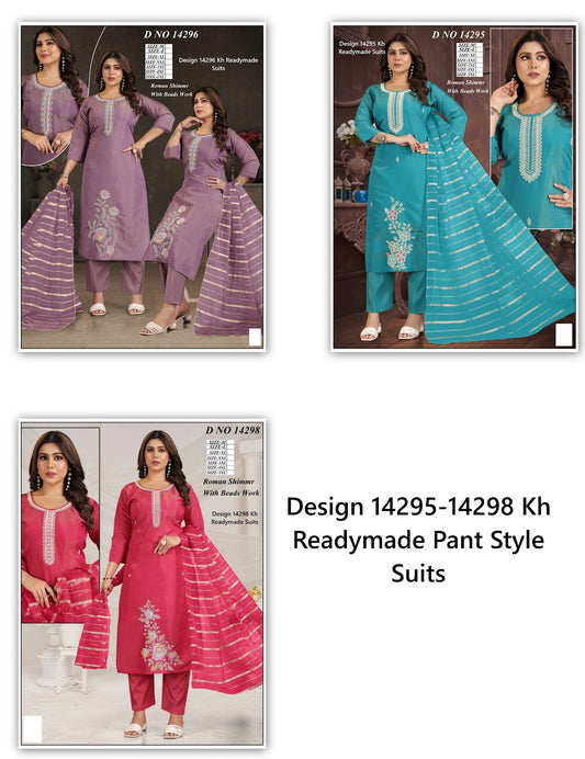 Design 14295-14298 Kh Roman Simmer Readymade Pant Style Suits Supplier India