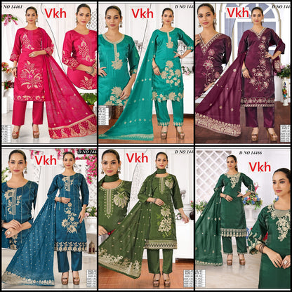Design 14461-14466 Vkh Roman Silk Readymade Pant Style Suits Wholesaler Gujarat