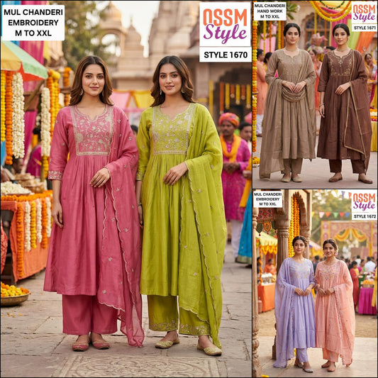 Design 1670-1672 Ossm Chanderi Readymade Anarkali Suits Exporter Ahmedabad