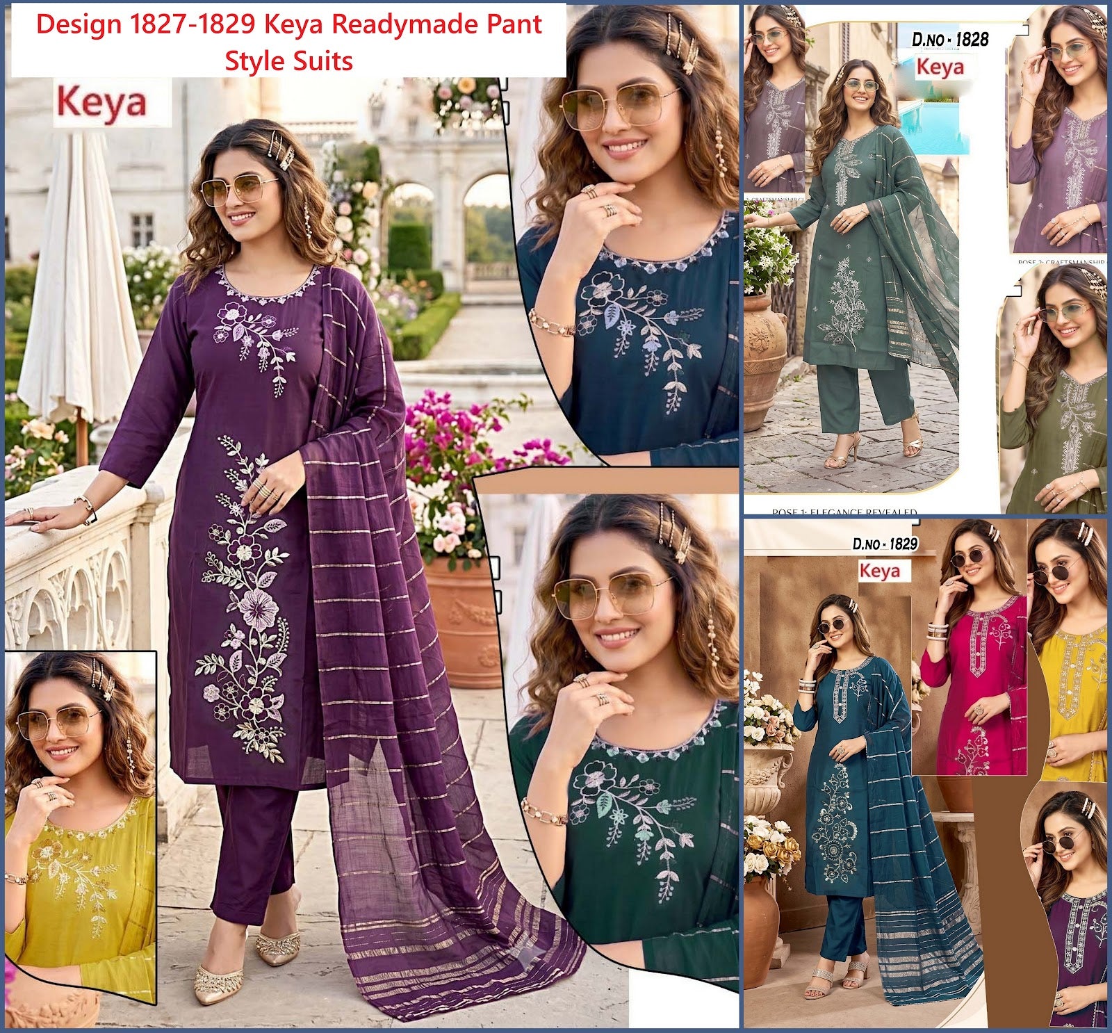 Design 1827-1829 Keya Roman Silk Readymade Pant Style Suits Wholesaler