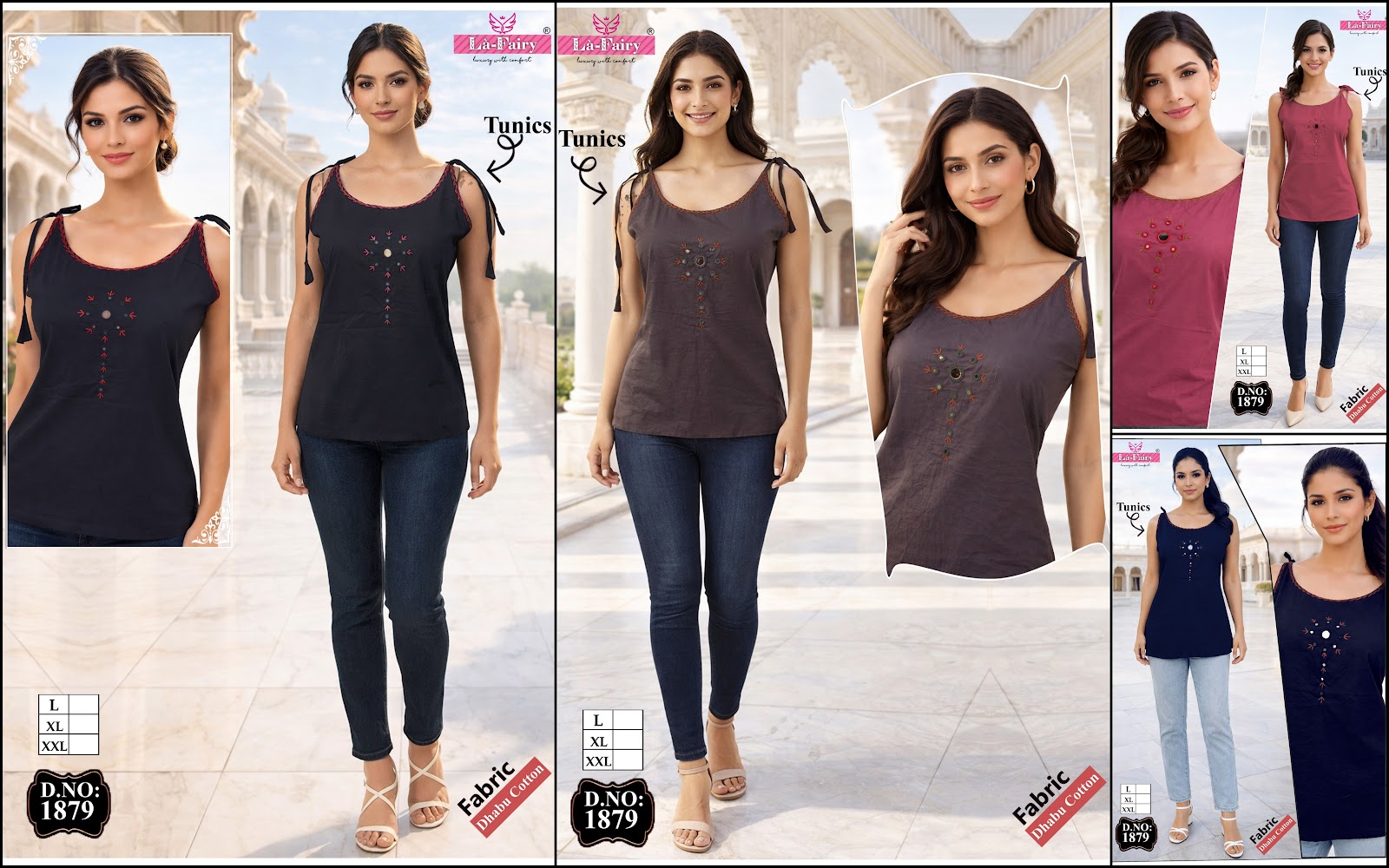 Design 1879 Sleeveless La Fairy Dhabu Cotton Fancy Tops Manufacturer India