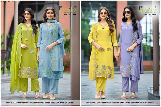 Design 2013-2014 Karissa Chanderi Readymade Pant Style Suits Manufacturer India
