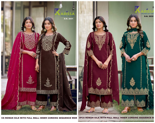Design 2031-2032 Karissa Roman Silk Readymade Plazzo Style Suits Supplier Ahmedabad