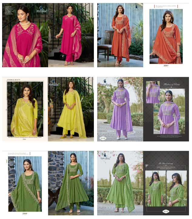 Design 3365-3370 Ladyf Chanderi Readymade Anarkali Suits Supplier