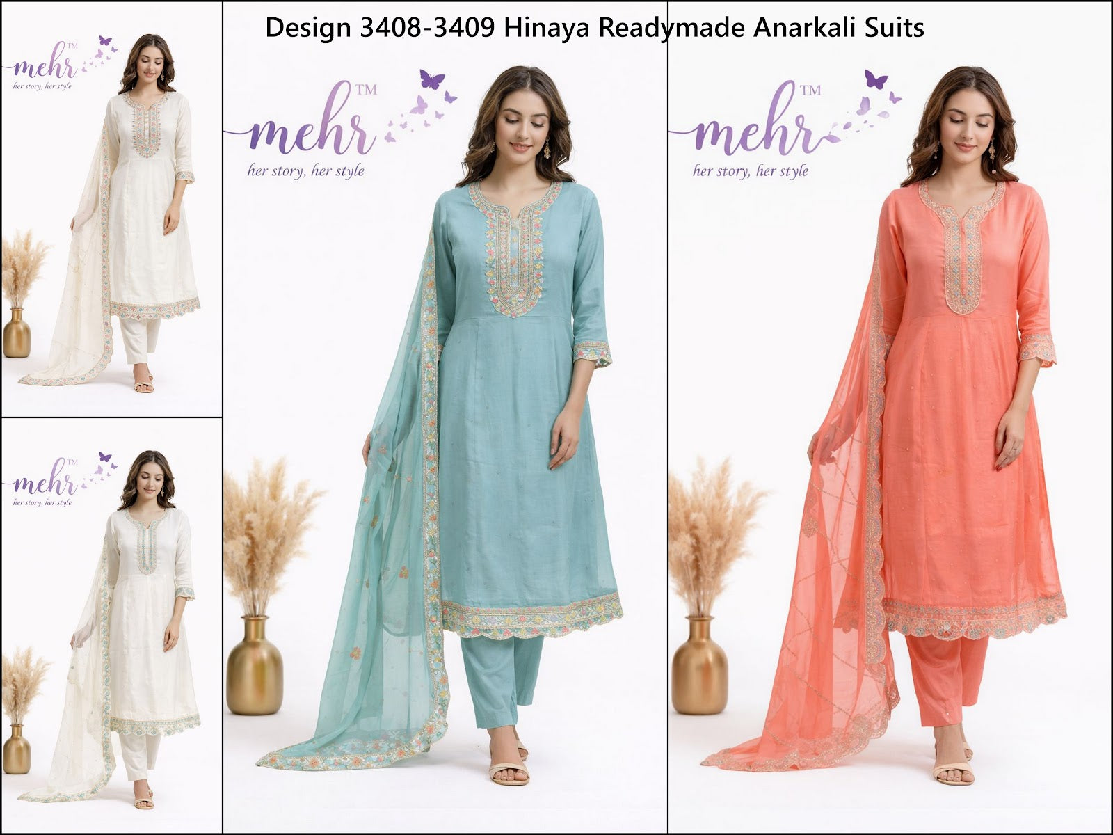 Design 3408-3409 Hinaya Chanderi Readymade Anarkali Suits Supplier India