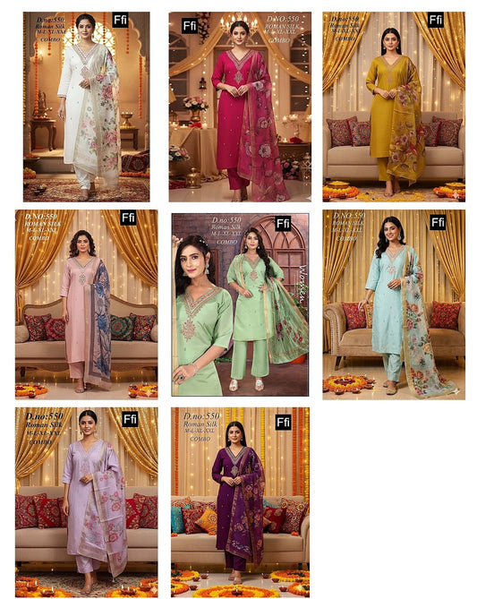 Design 550 Ffi Roman Silk Readymade Pant Style Suits Supplier India
