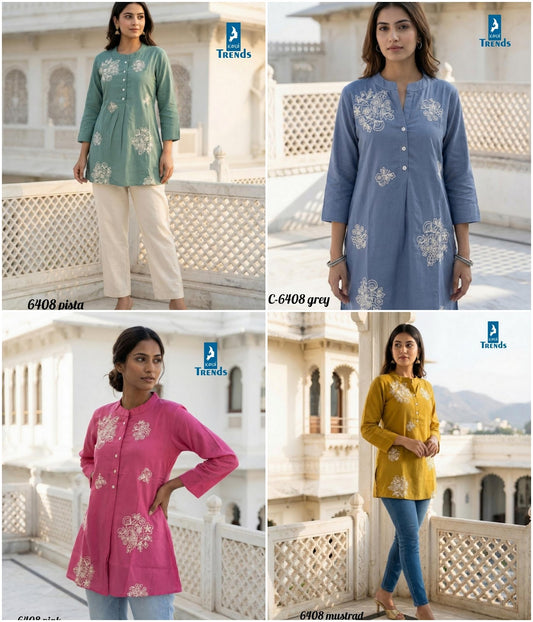 Design 6408 Kaya Trends Rayon Slub Short Kurtis Supplier Ahmedabad