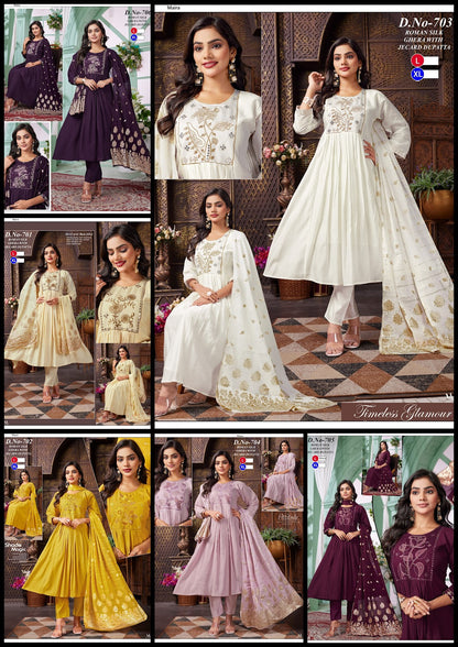Design 701-706 Maira Roman Silk Readymade Anarkali Suits Manufacturer Ahmedabad