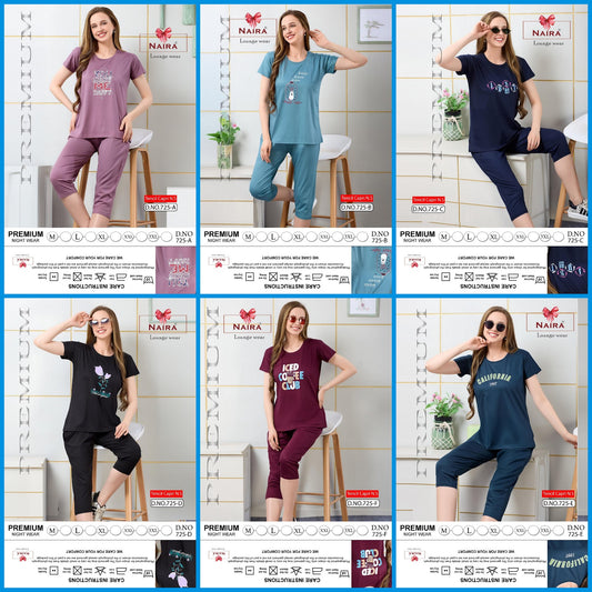 Design 725 Naira Kavyansika Tencil Capri Night Suits Exporter Ahmedabad