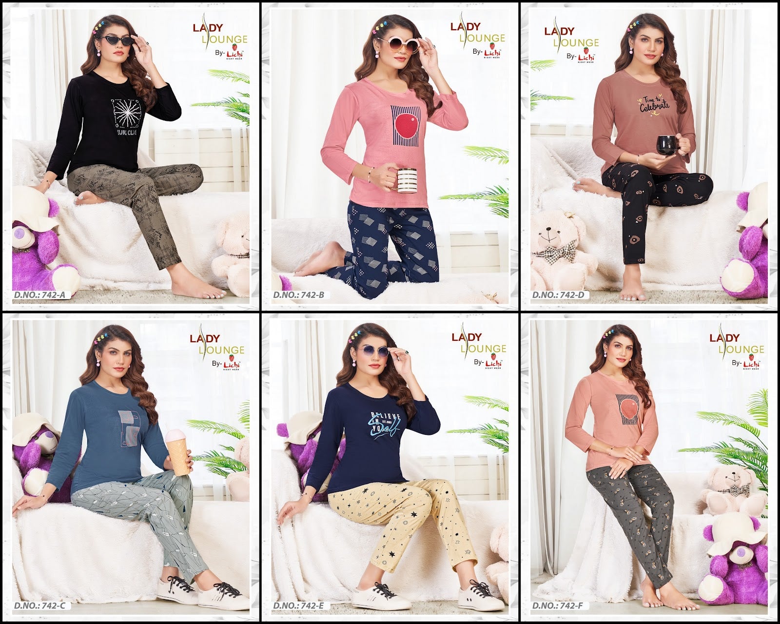 Design 742 Lichi Hosiery Cotton Full Sleeve Night Suits Supplier Ahmedabad