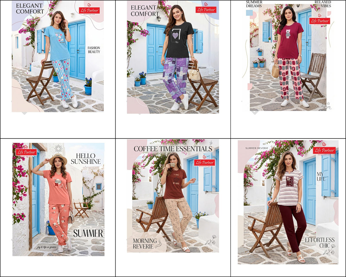 Design 9 Plain Print Life Partner Sinker Pyjama Night Suits Wholesale Price