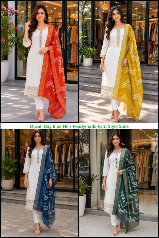 Diwali Day Blue Hills Chanderi Readymade Pant Style Suits Wholesaler Gujarat