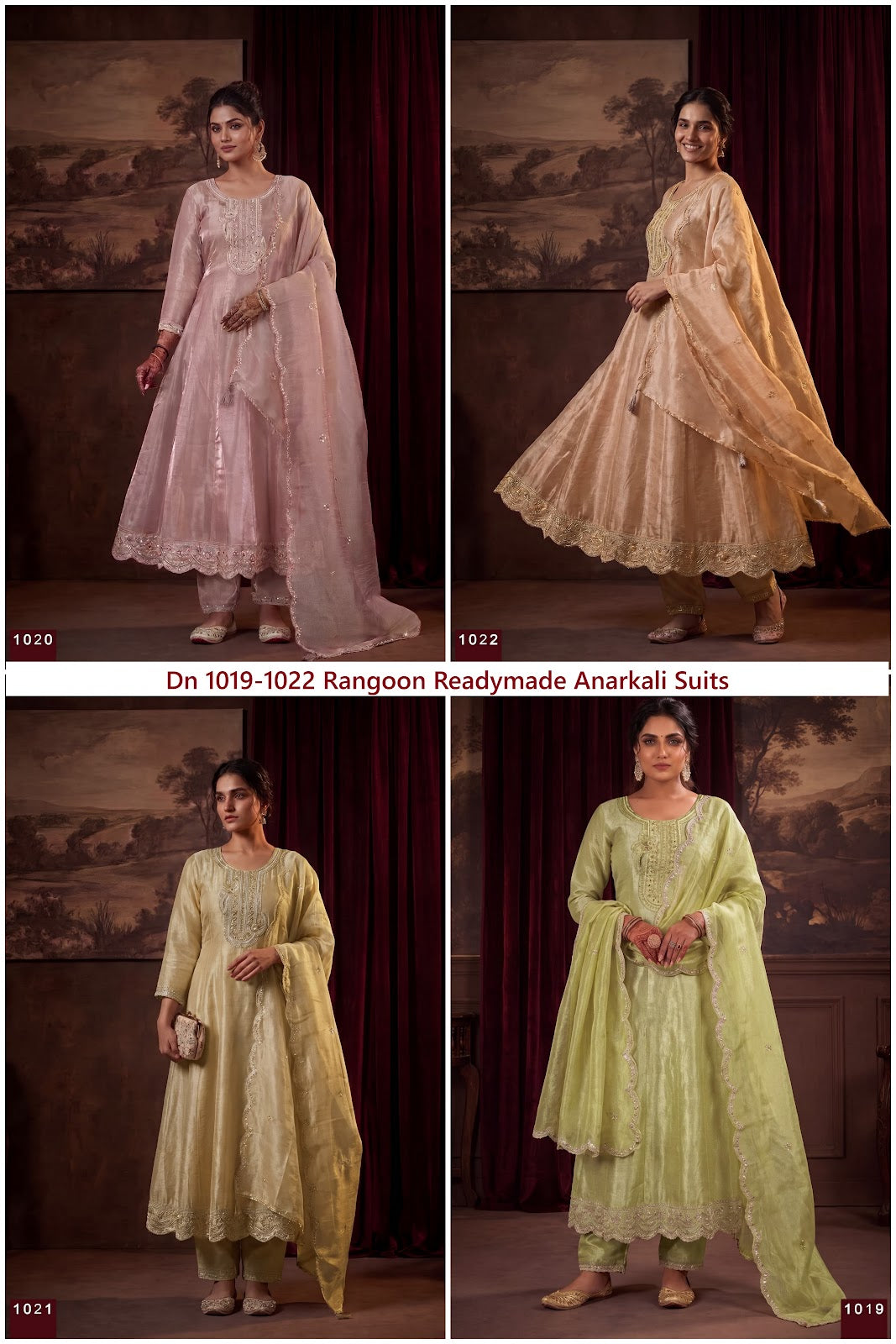 Dn 1019-1022 Rangoon Tissue Simmer Readymade Anarkali Suits Exporter Ahmedabad