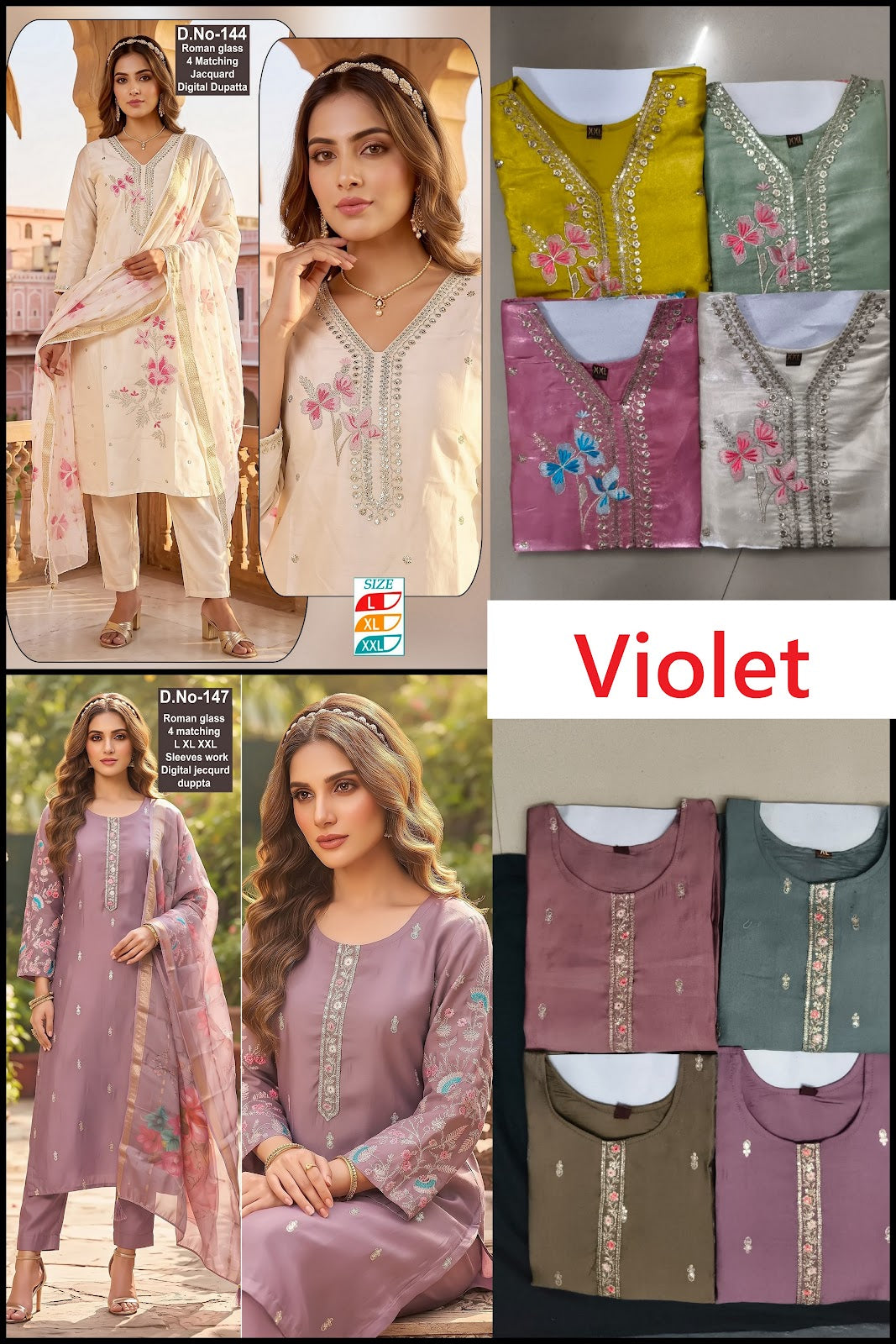 Dn 144-147 Violet Roman Readymade Pant Style Suits Exporter Ahmedabad