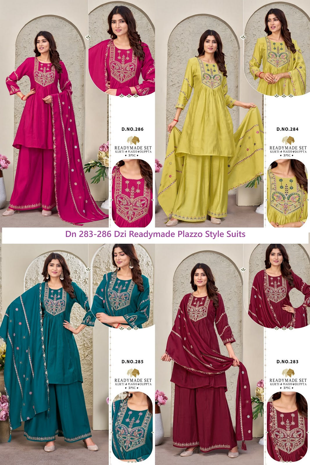 Dn 283-286 Dzi Chanderi Readymade Plazzo Style Suits Supplier Gujarat