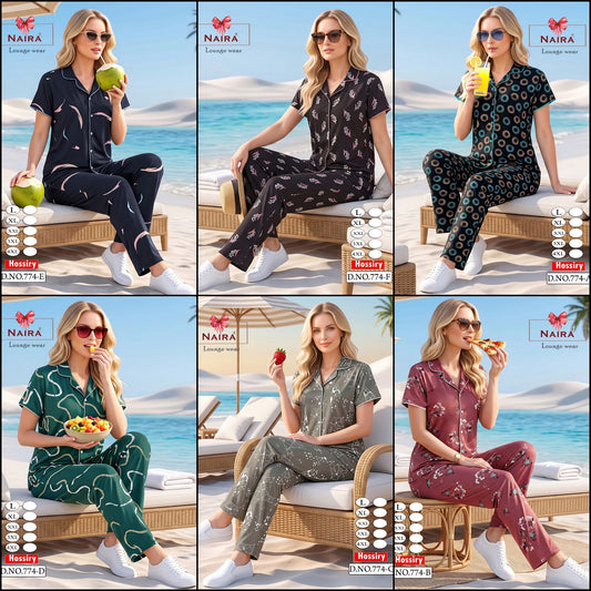 Dn 774 Naira Kavyansika Hosiery Cotton Collar Night Suits Exporter India