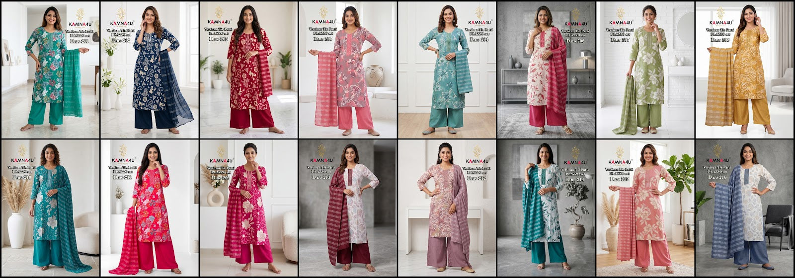 Dno 201-216 Kamna4U Vertican Readymade Plazzo Style Suits Wholesale