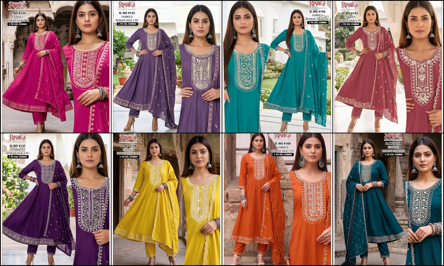 Dno 4153 To 4160 Rushika Roman Silk Readymade Anarkali Suits Wholesaler