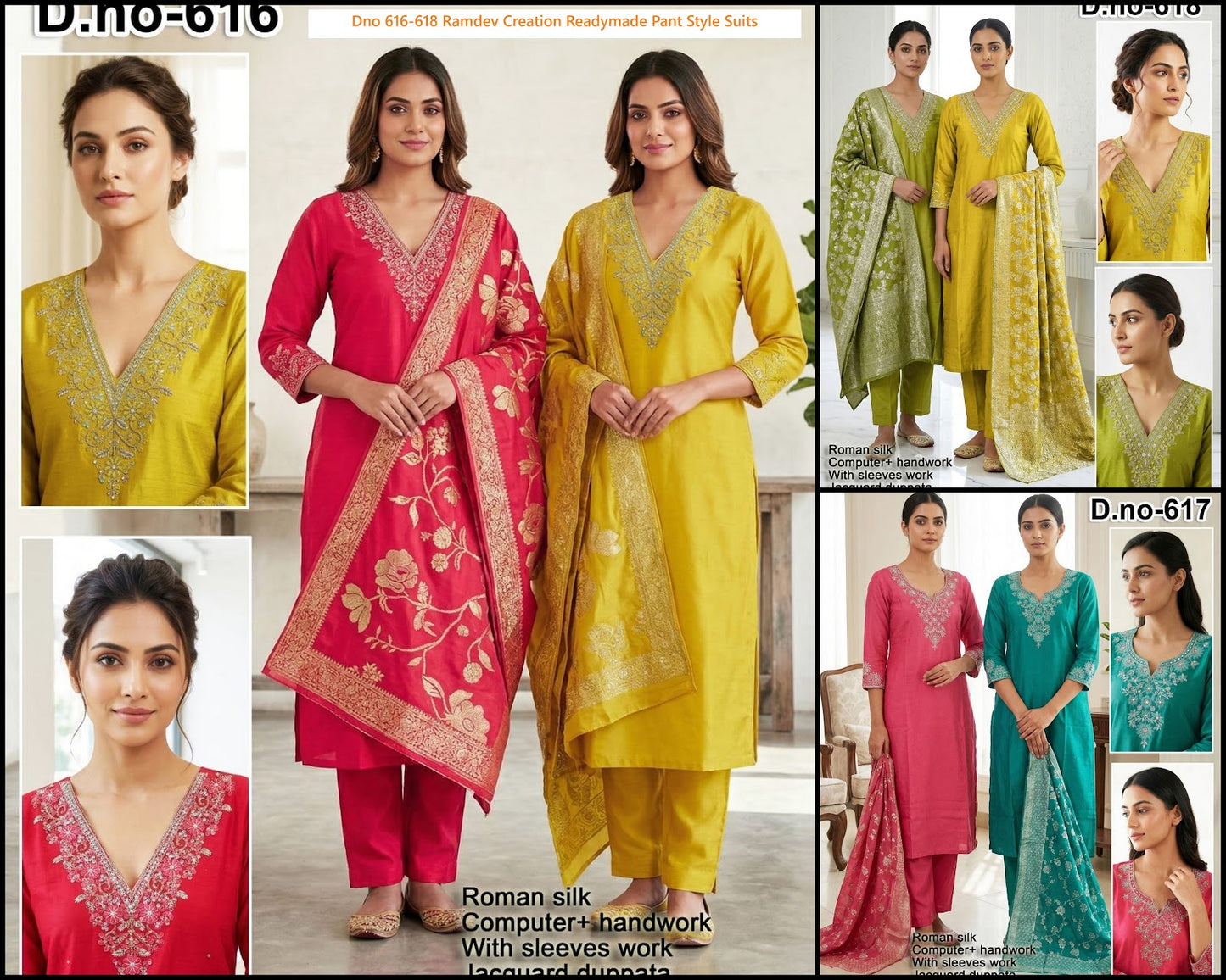 Dno 616-618 Ramdev Creation Roman Silk Readymade Pant Style Suits Wholesaler India