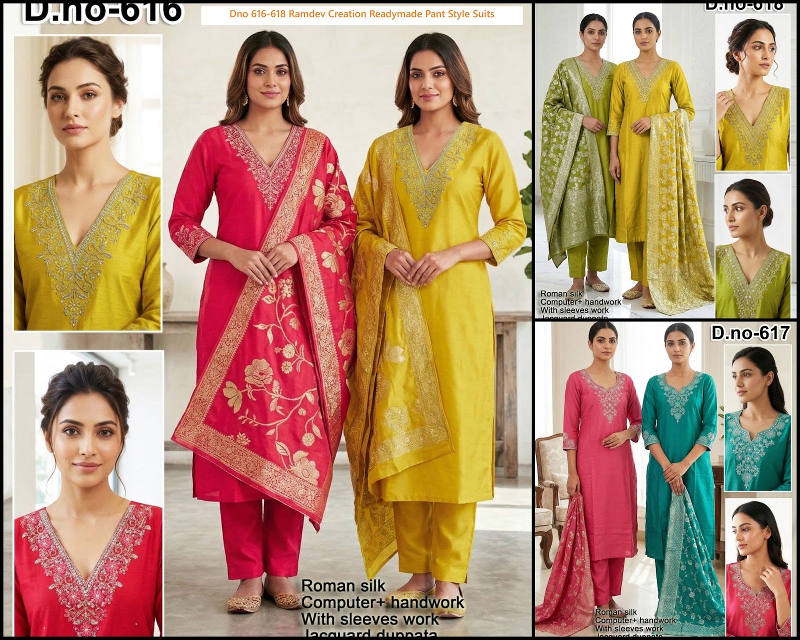 Dno 616-618 Ramdev Creation Roman Silk Readymade Pant Style Suits Wholesaler India